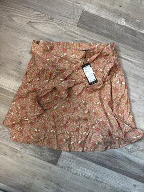Vero Moda Tan Skater Skirt with Pink Floral Motif
